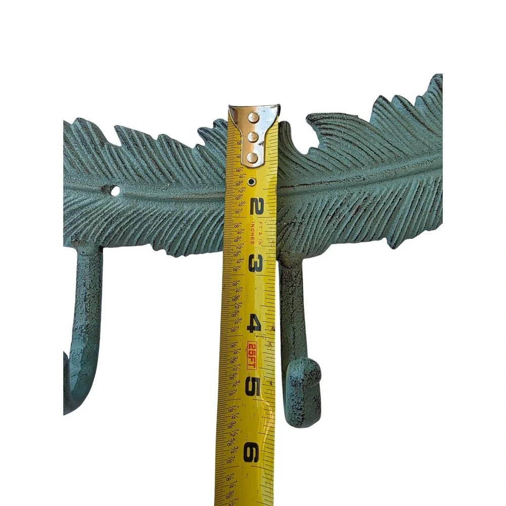 Vintage Cast Iron Feather Wall Hook Rack 3 Hooks Verdigris Green Rustic Decor K3